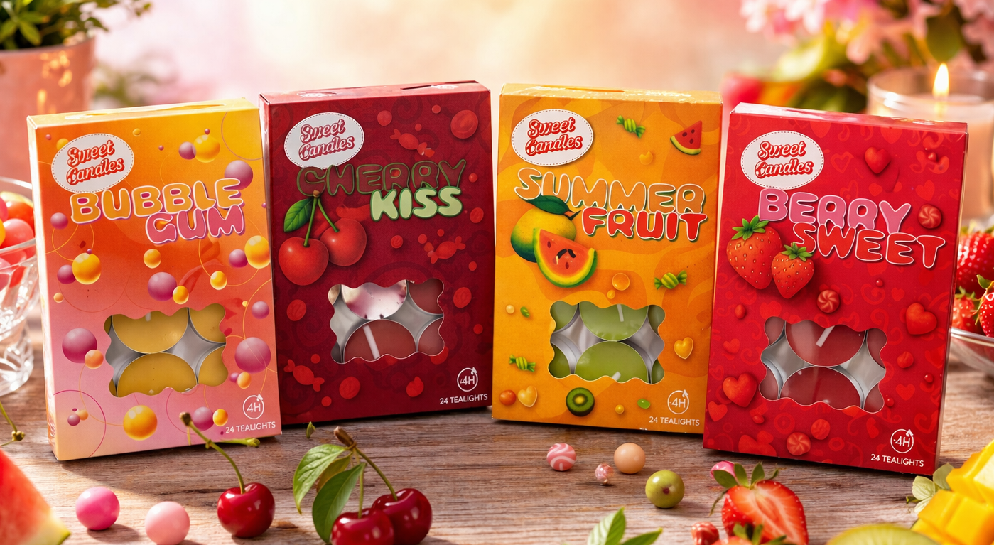 Bougie Parfumée 4 Senteurs Fraise 🍓 Pastèque 🍉 BubbleGum  Cerise (Boîte de 24 )
