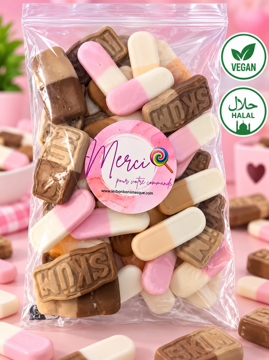 Mix bonbons Vegan lisse Skum Cola Briquettes Cola ,Pêche .Fraise  (300g)