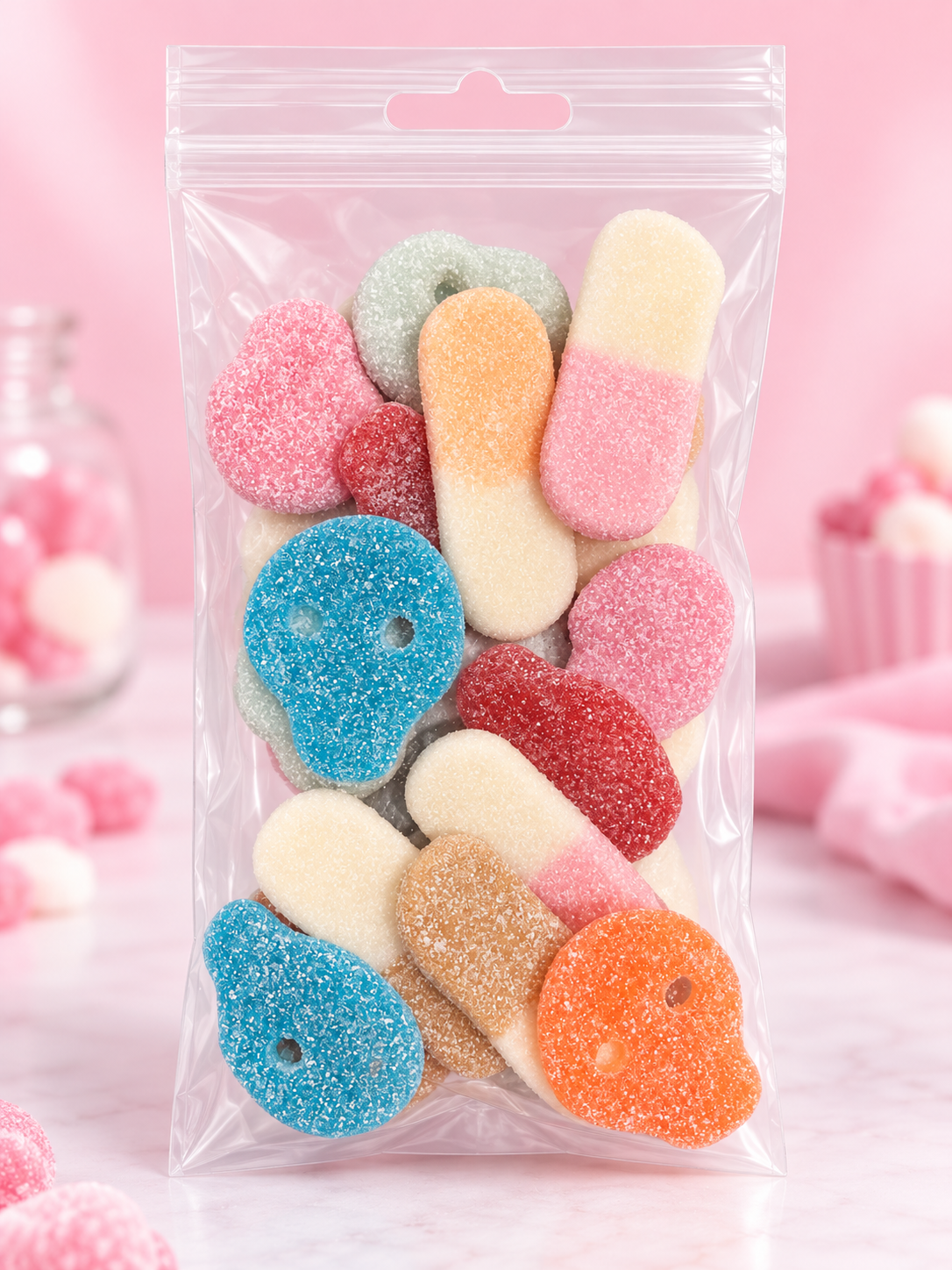 🍬 Mélange Découverte – Bonbons Suédois Vegan Acidulés 🇸🇪💖(100g)Crâne Bubllegum mangue ,framboise,fraise, Briquette fraise ,pêche ,cola acidulés.