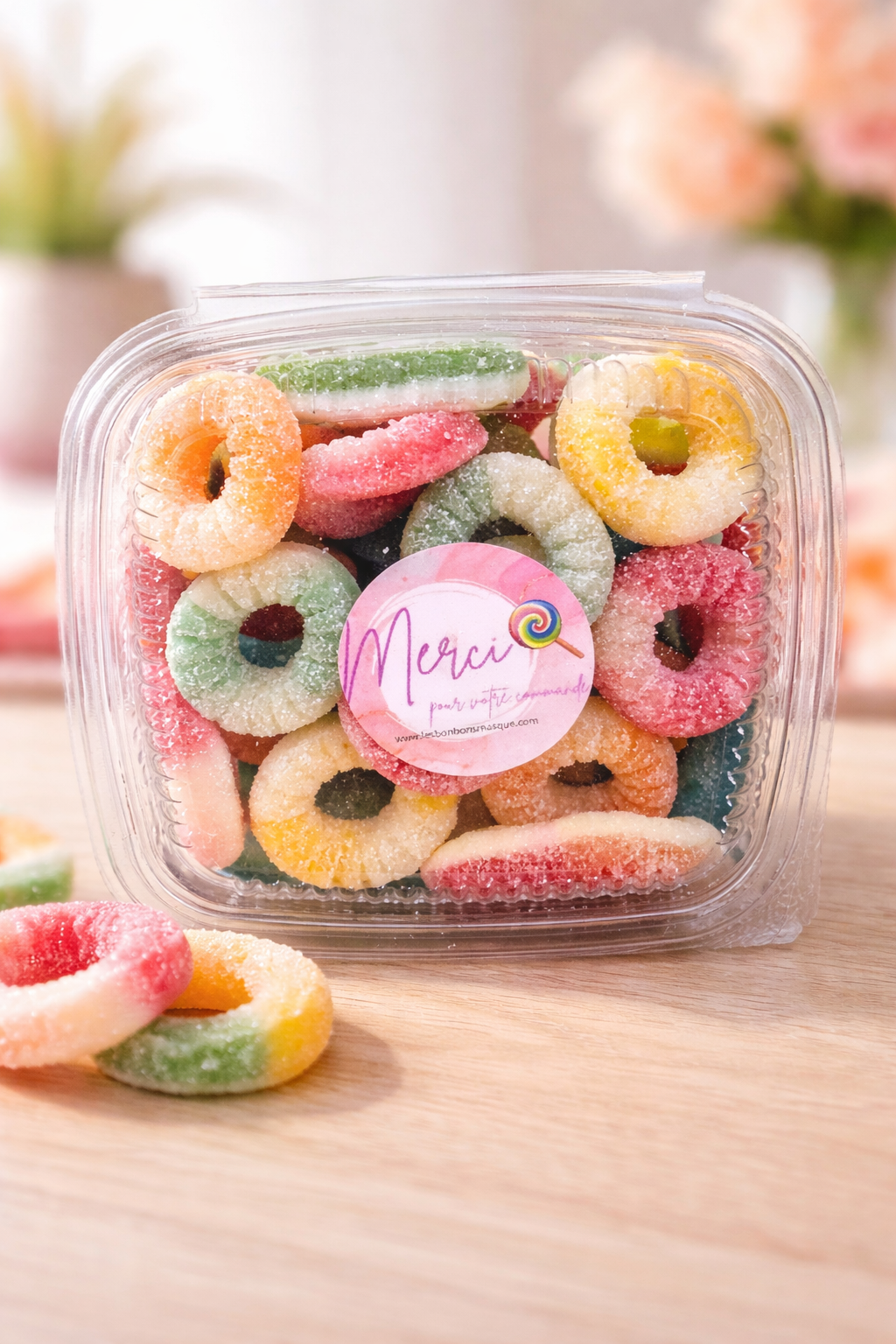 Box Arc en Ciel 🌈 Anneaux Sucrés Arlequin-pêche 🍑 -Pomme Framboise(300G)