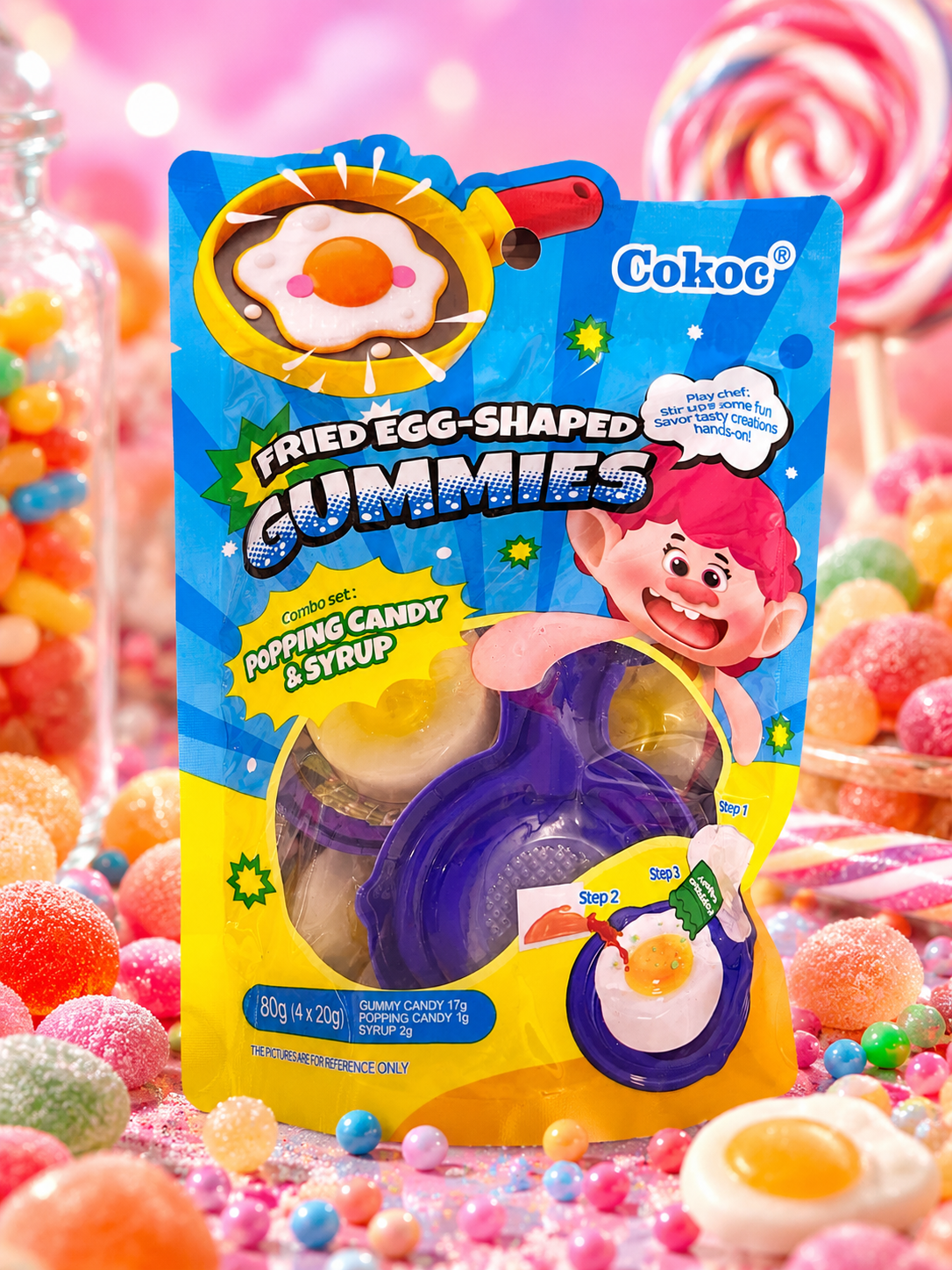 Œufs sur le plat Gummies + 2 mini sachets surprise acidulés.
(x4)